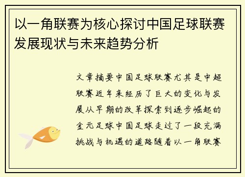 以一角联赛为核心探讨中国足球联赛发展现状与未来趋势分析