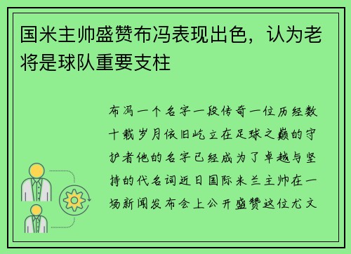 国米主帅盛赞布冯表现出色，认为老将是球队重要支柱